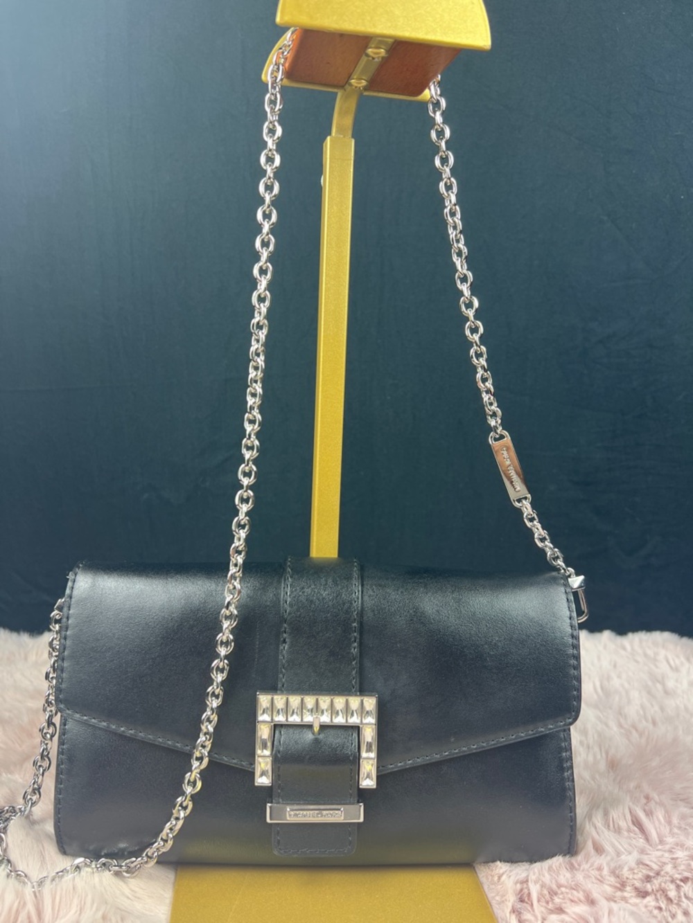 Michael Kors Penelope Medium Leather Clutch Black Crystal Buckle EUC